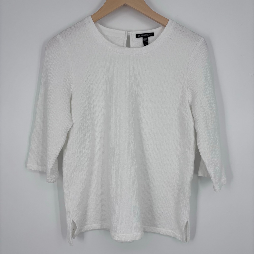 Eileen Fisher White Organic Cotton Tencel Puckered Knit Top Womens M 3/4 Sleeve